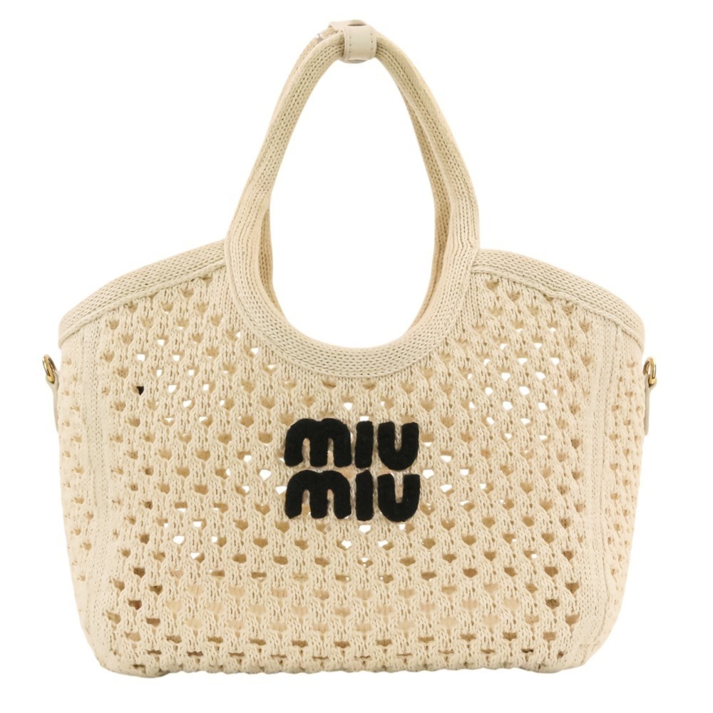 Miu Miu MIU IVY Logo Mesh Handbag with Pouch, 2-Way Tote Bag, 5BG281 Ivory, W...